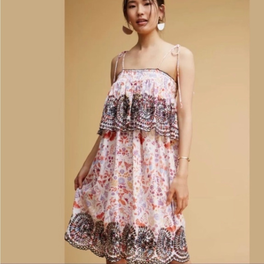 Anthropologie Samsa Embroidered Floral SunDress Beachy Boho Antik Batik Size M
